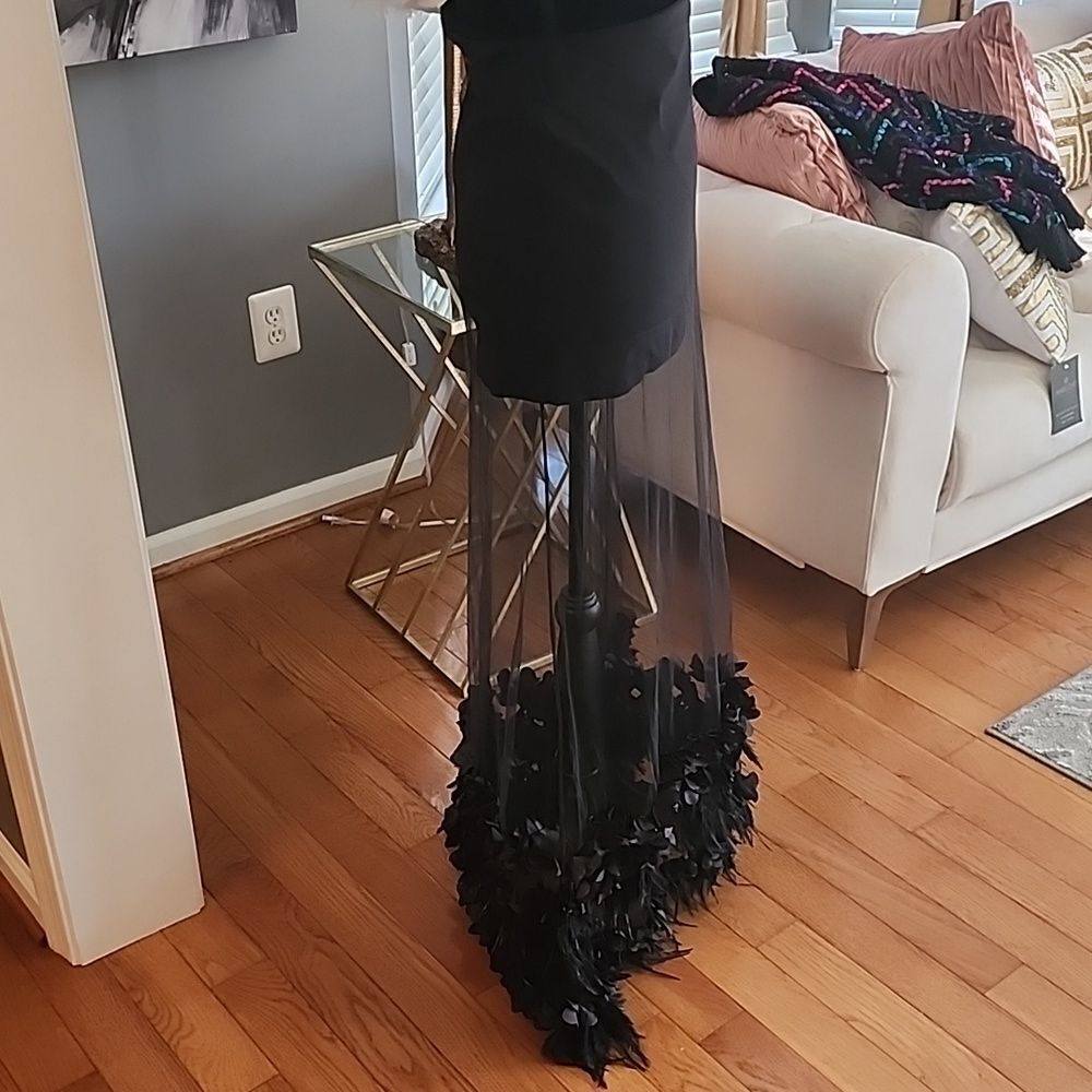 AKIRA Black Maxi Skirt with Sheer Panel and Feather Hem - Picture 5 of 7